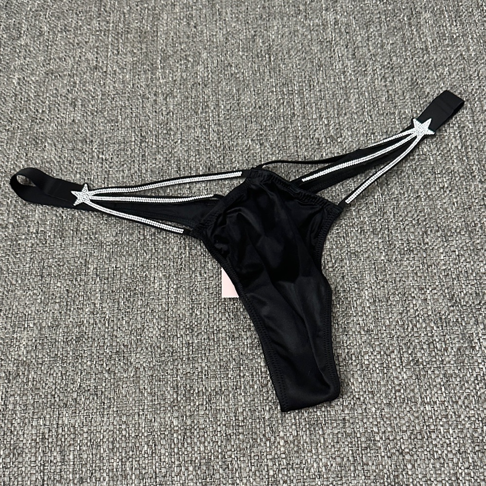 Victoria’s Secret Very Sexy Satin High Leg Black Rhinestone Star Thong Panty